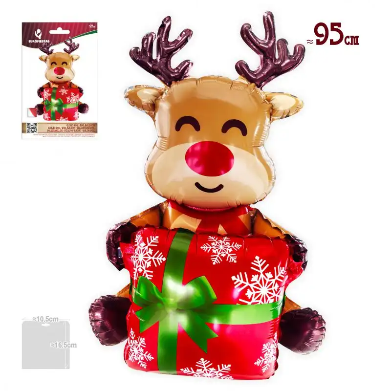 15881 GLOBO FOIL RENO CON REGALO ROJO COPOS DE NIEVE LAZO VERDE NAVIDAD 95CM - Imagen 1