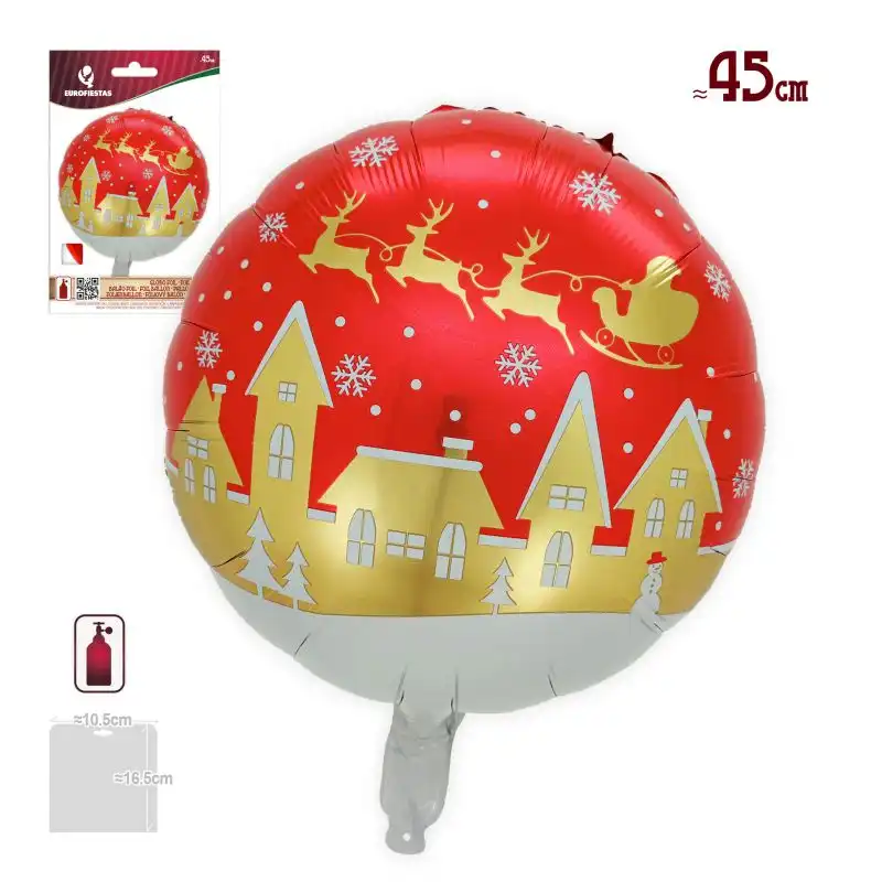 15888 GLOBO FOIL REDONDO ROJO TRINEO RENOS CASA ORO COPOS NIEVE NAVIDAD 45CM - Imagen 1