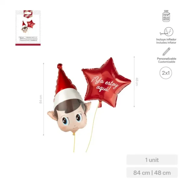 SET GLOBO FOIL CABEZA ELFO TRAVIESO 62X84CM 33" Y ESTRELLA 48CM